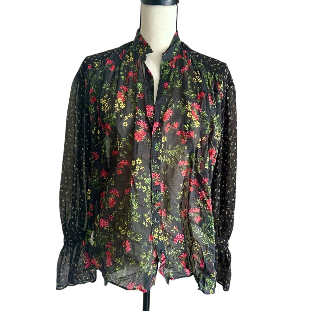 Tomorrowland Black Sheer Floral Blouse Puff Sleeve Button Up Japan Sz 38 Medium
